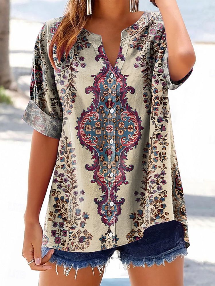 Women's Vintage Ethnic Floral Art Printed Casual Short Sleeve Cotton a
