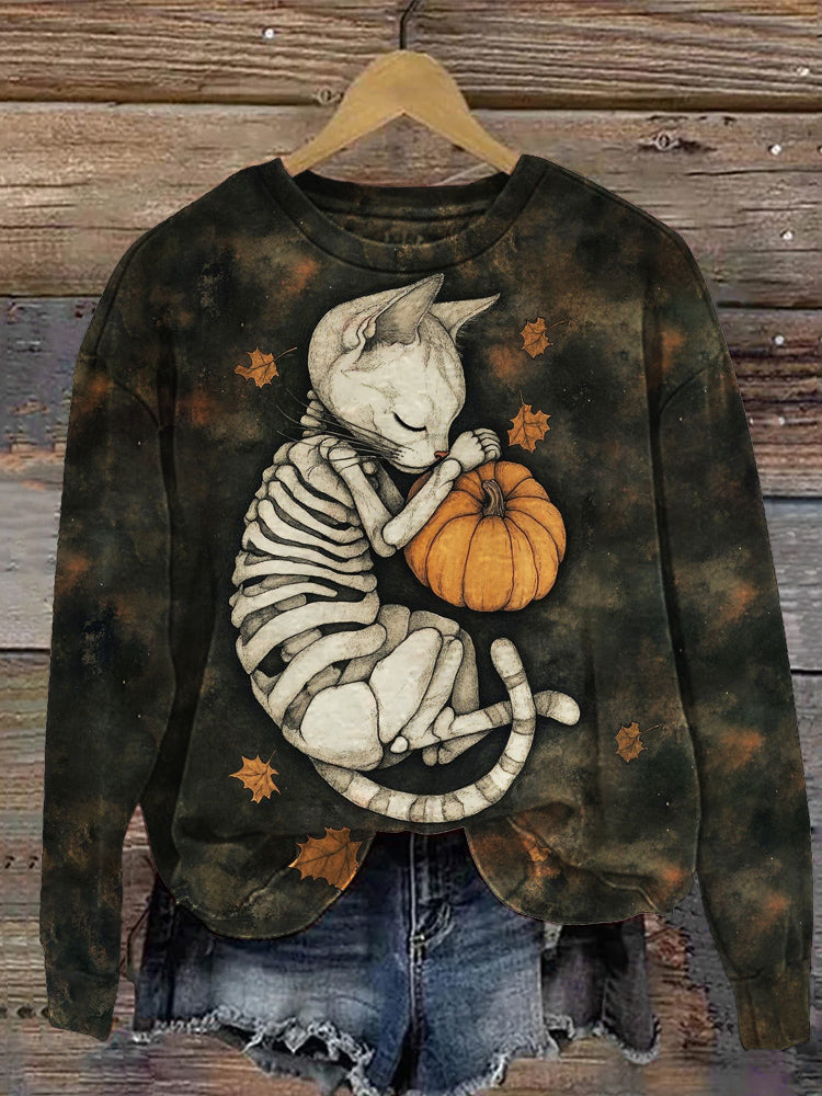 Comstylish Skeleton Cat Halloween Pumpkin Vintage Women's Casual Hoodie