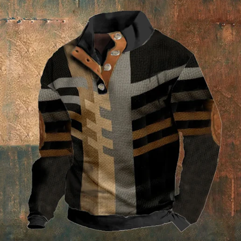 Men's Vintage Patchwork Print Stand Collar Button-Up Sweatshirt elevenforest