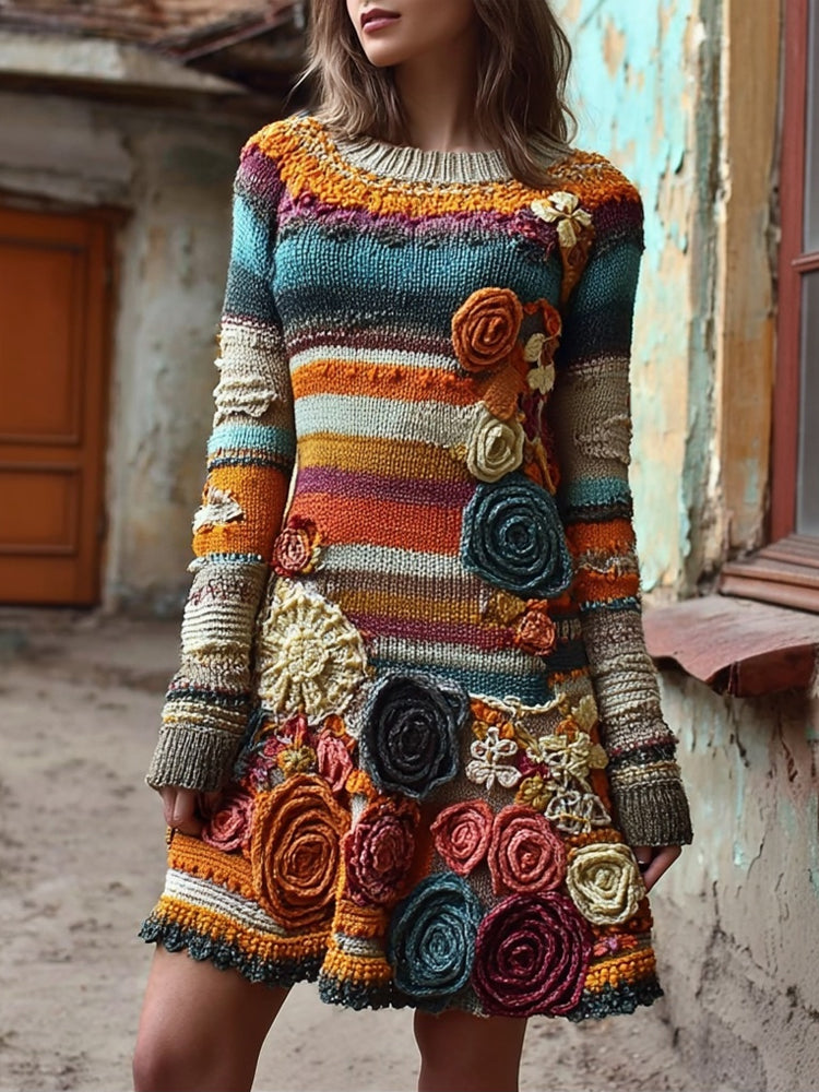 Retro Bohemia Flower Crochet Striped Midi Sweater Dress artswardrobe