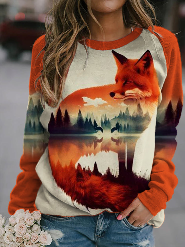 Reflection Landscape Fox Art Raglan Sweatshirt artswardrobe