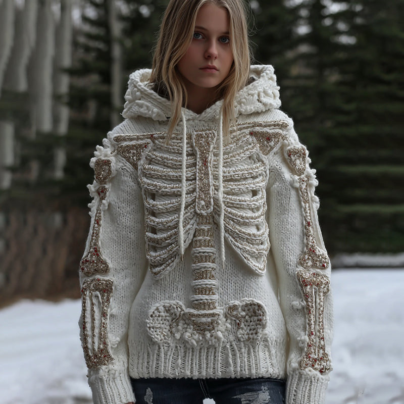 Women's Halloween Skeleton Bones Art Knitted Warm Hooded Sweater artswardrobe
