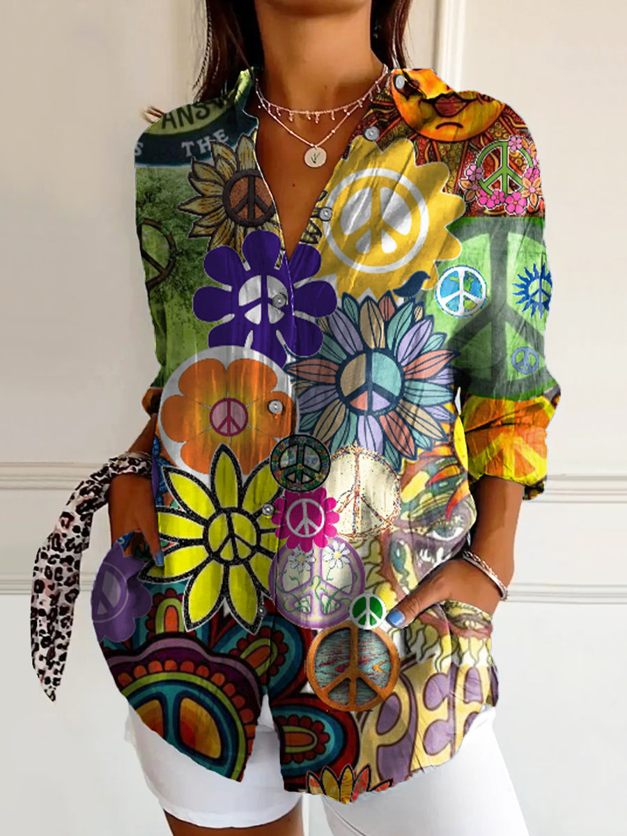 Women's Hippie Art Print Casual Cotton Shirt
