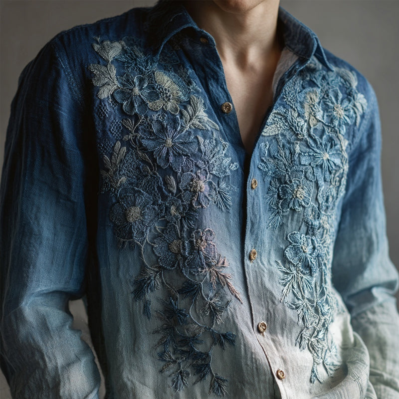 Men's Lace Floral Embroidered Gradient Linen Blouse artswardrobe