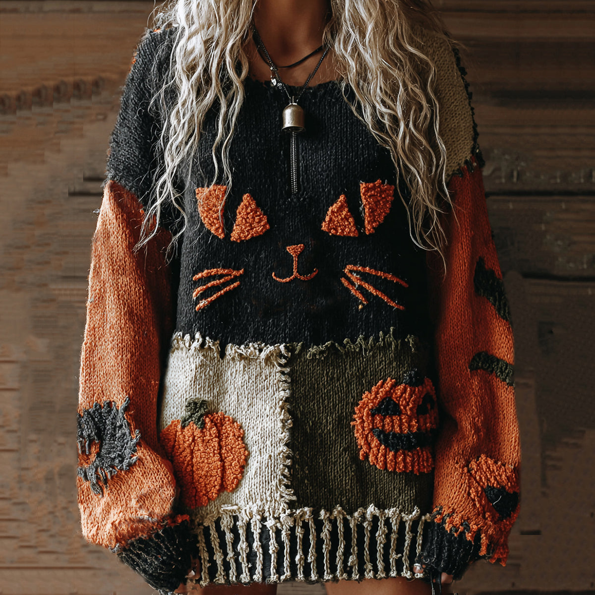 Halloween Cute Cats With Halloween Pumpkin Cozy Knit Sweater elevenforest