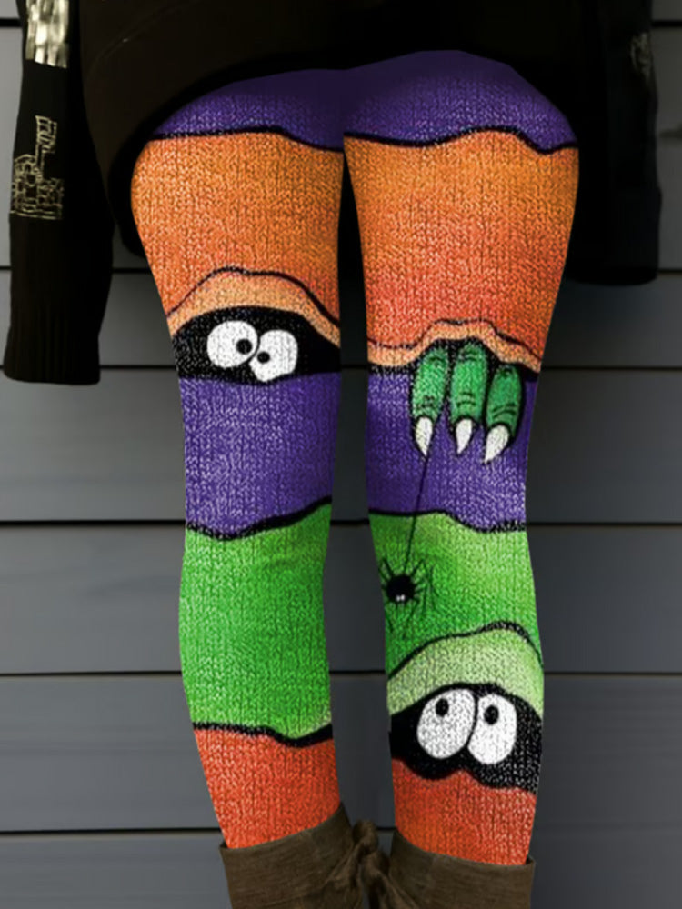 Women's Retro Halloween Peekaboo Monster Print Leggings artswardrobe