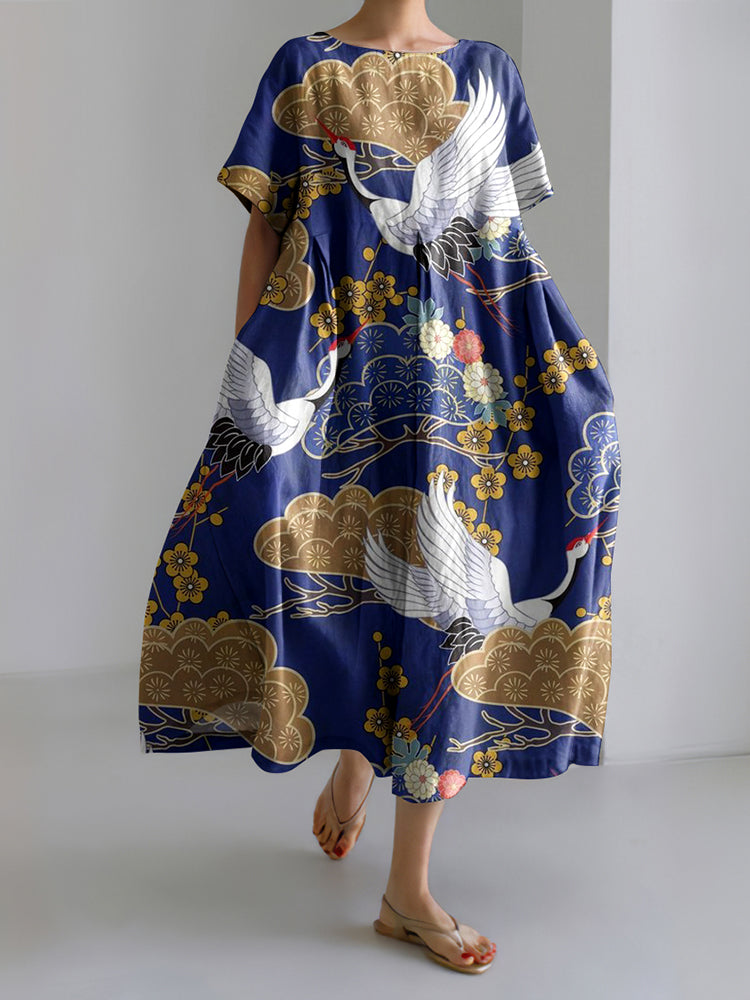 Japanese Art Flower & Crane Print Loose Midi Dress