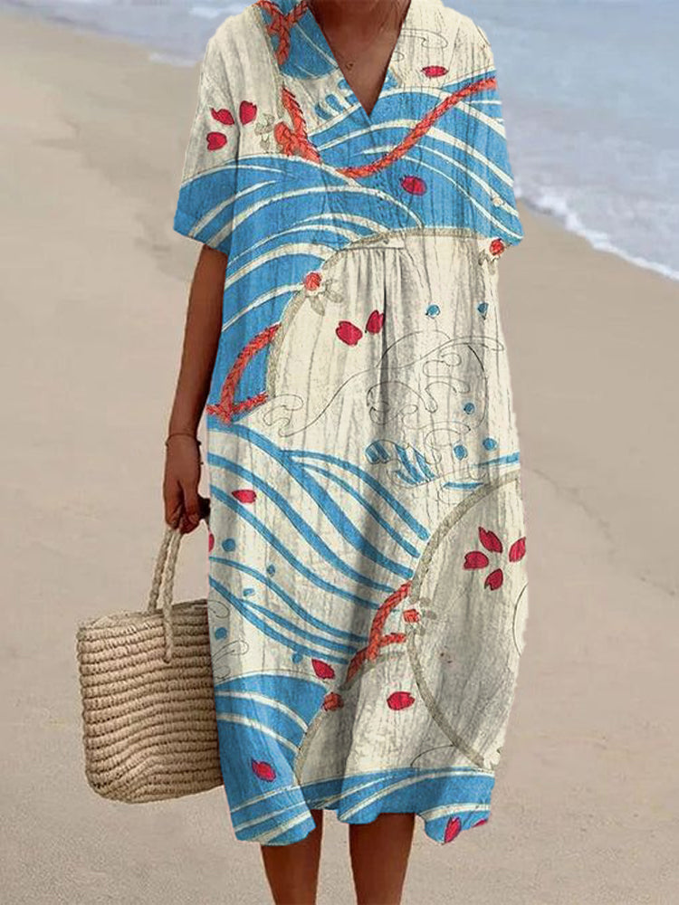 Vintage Japanese Art Sea Wave V-neck Linen Blend Maxi Dress