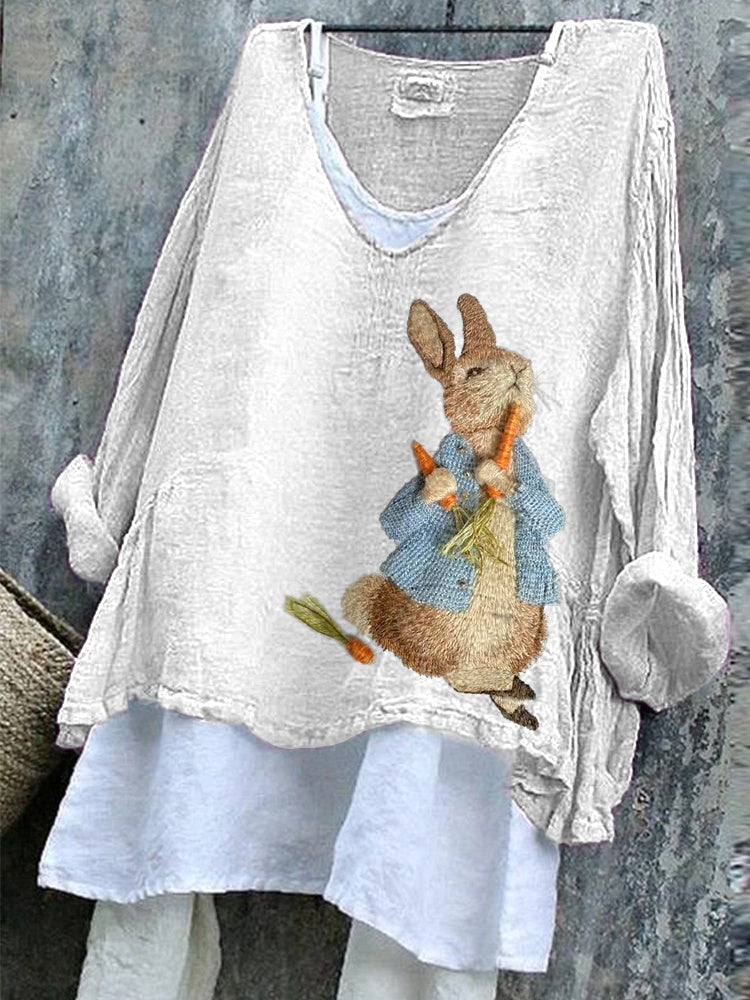 Comstylish Cute Bunny Embroidery Pattern Cozy Linen Shirt