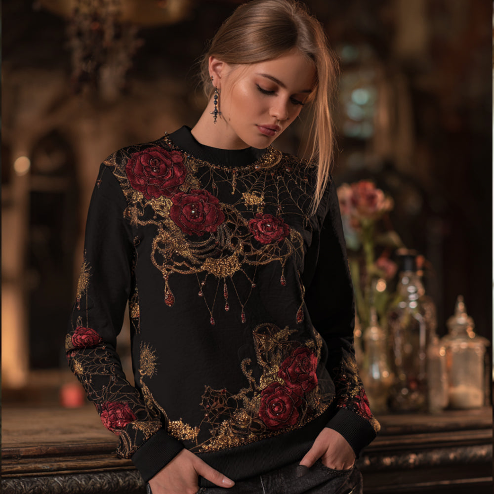 Comstylish Vintage Halloween Spider Silk And Red Rose Black Round Neck Hoodie