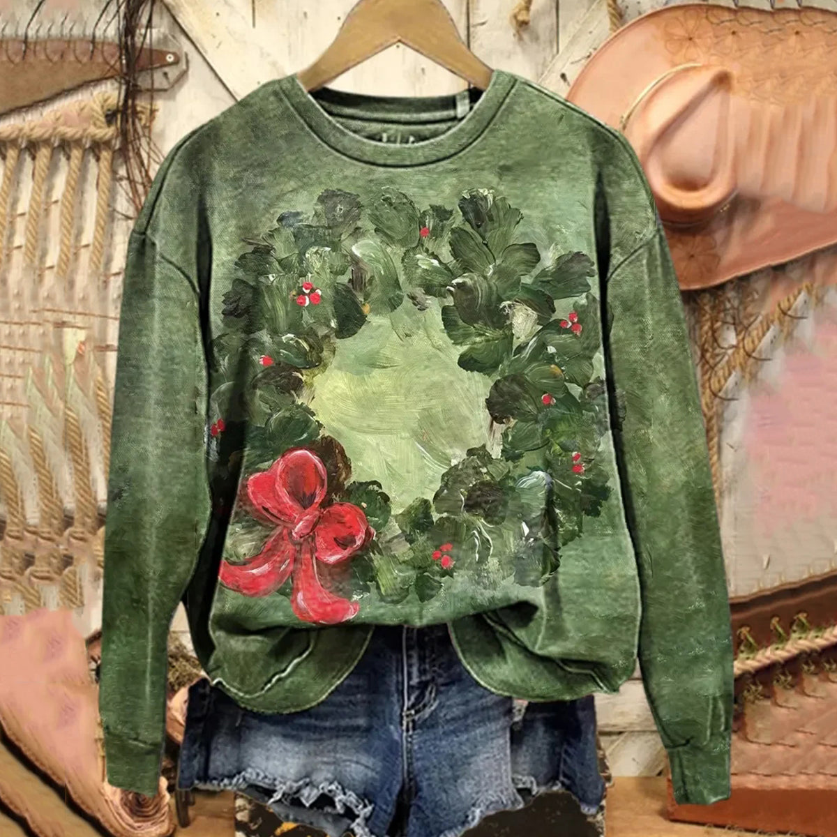 Comstylish Women's Vintage Christmas Wreath Print Crew Neck Long Sleeve Sweatshirt