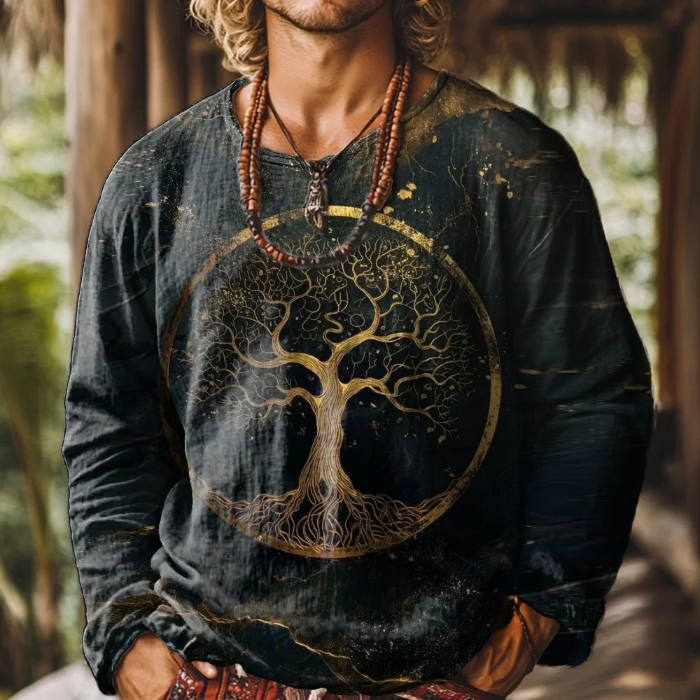 Men's Art Painting Tree Of Life Gradient Print Round Neck Long Sleeve Linen T-shirt artswardrobe