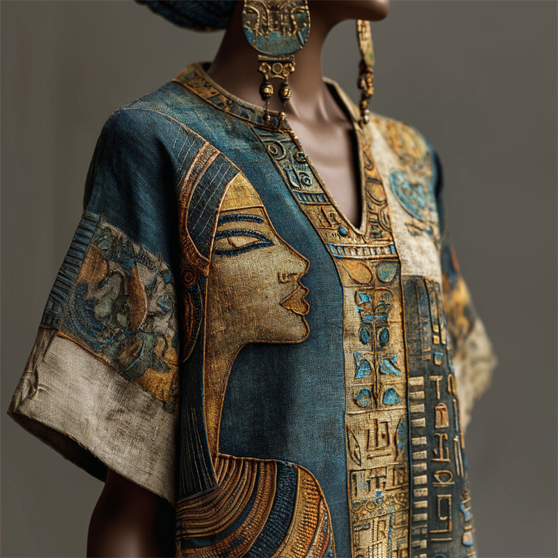 Ancient Egyptian Woman Face Ethnic Embroidered Linen Shirt artswardrobe
