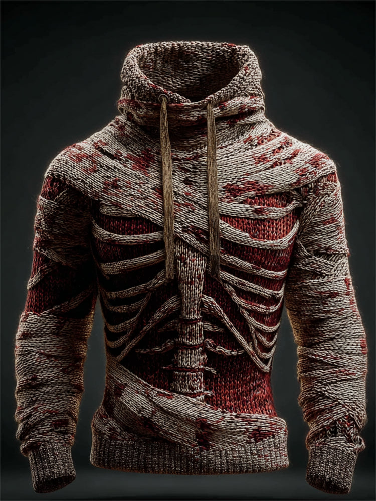 Men's Skeleton Anatomy Bloody Bandages Cozy Knit Hooded Sweater artswardrobe