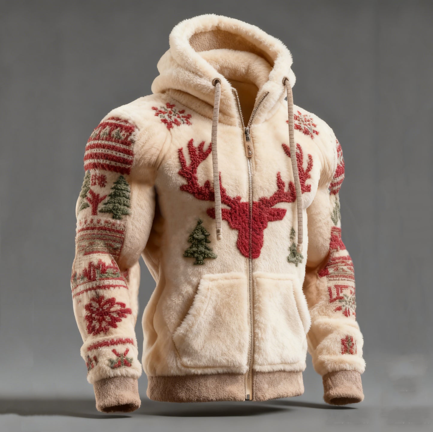 Comstylish Men's Christmas Embroidered Deer Head Christmas Tree Plush Hoodie