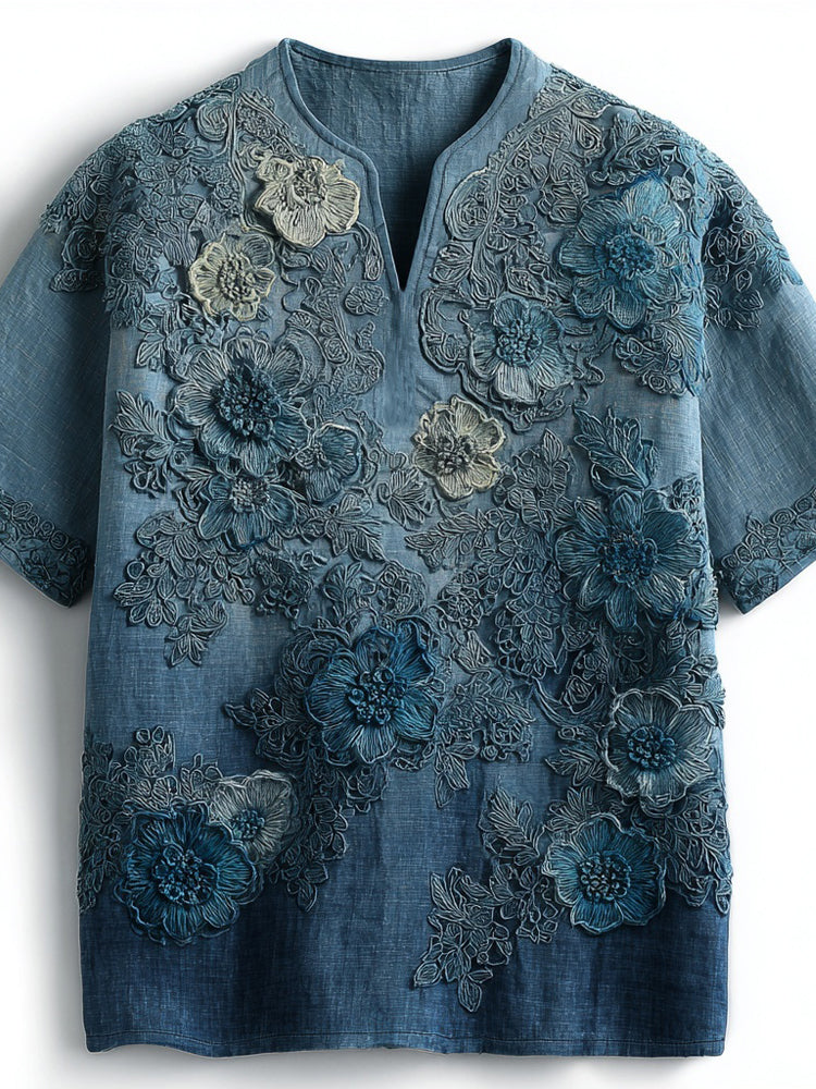 Vintage Floral Lace Embroidered Gradient Linen Shirt artswardrobe