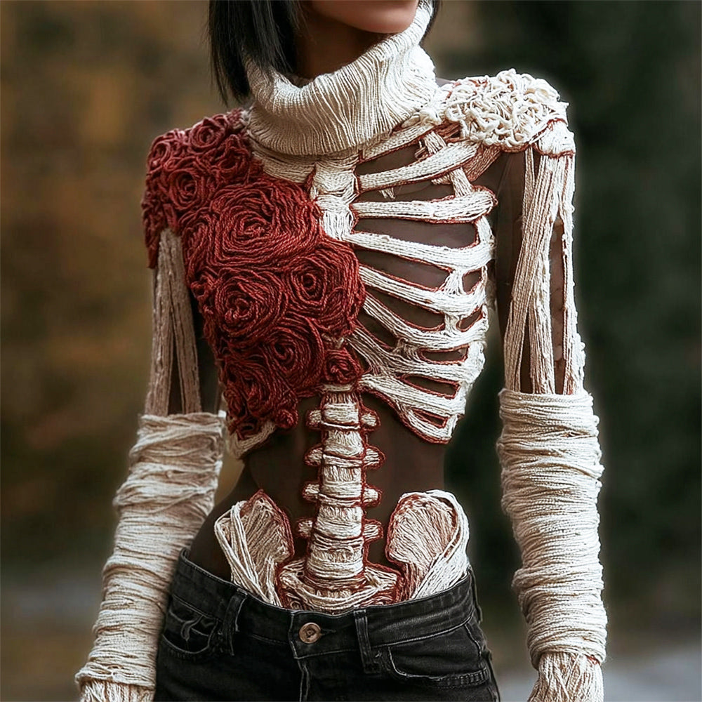 Halloween Skeleton Rose Bandage See-through Art Knit Women's Turtleneck Sweater artswardrobe