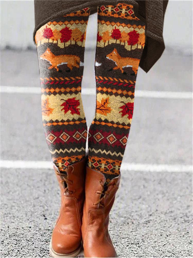 Women's The Fox And Foliage Print Casual Leggings artswardrobe