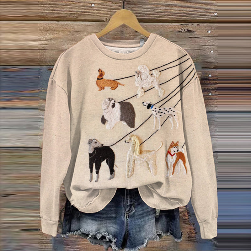 Comstylish Embroidered Dog Art Print Crew Neck Sweatshirt