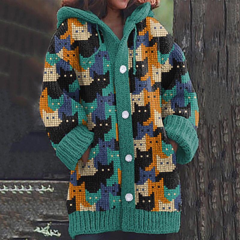 Vintage Color Block Cute Cat Art Button Cozy Cardigan Sweater elevenforest