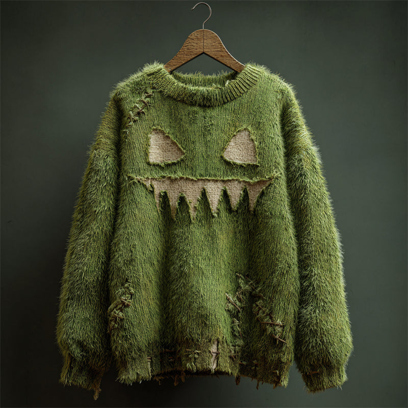 Halloween Spooky Face Stitched Fuzzy Knit Sweater artswardrobe