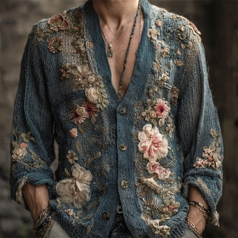 Men's Vintage Boho Floral Fiber Art Comfy Knit Cardigan artswardrobe