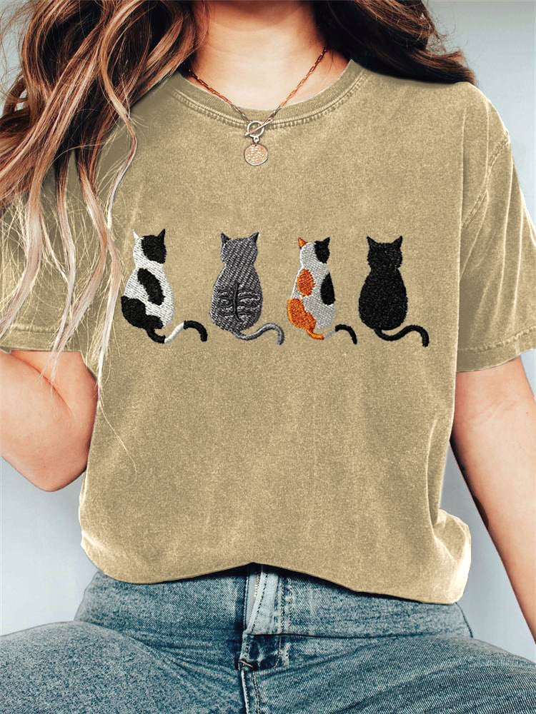 Cat Embroidery Pattern Casual Cotton T-Shirt elevenforest