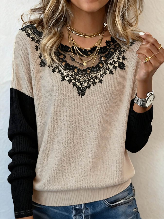 Women's Casual Lace Panel Waffle Color Contrast Top