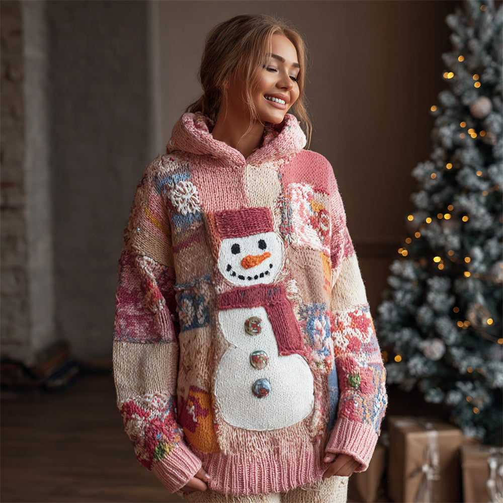 Christmas Snowman & Snowflake Patchwork Pattern Women's Knit Hooded Sweater artswardrobe