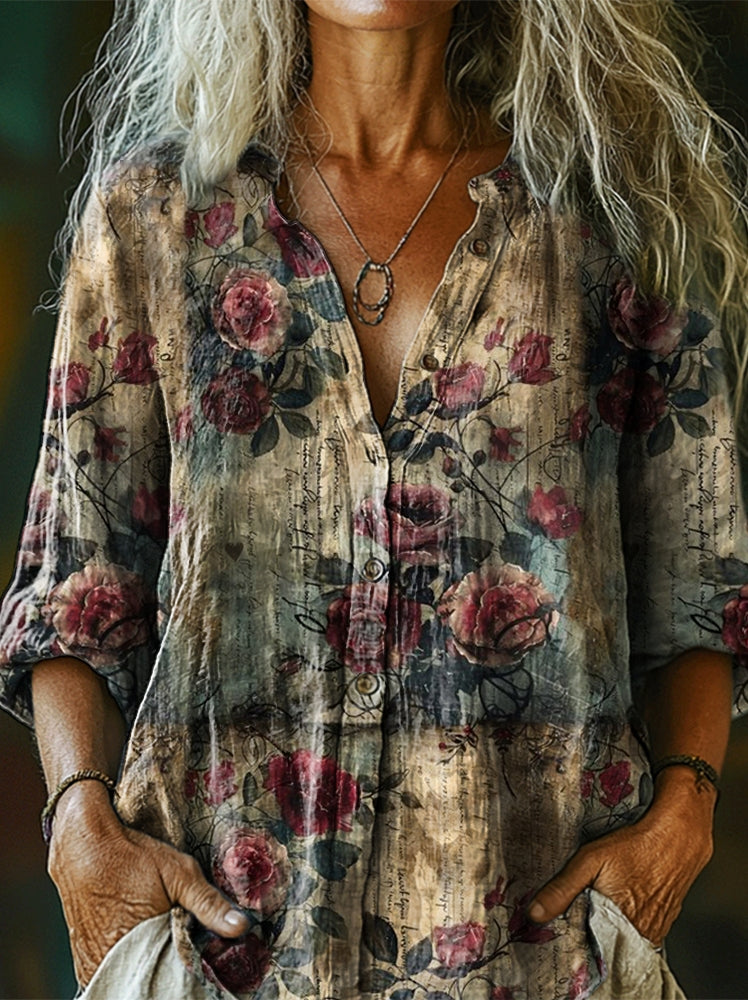 Women's Vintage Floral Art Pattern Print Casual Cotton Linen Shirt