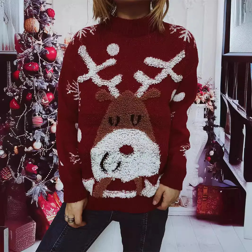 Estrella® | Warm Christmas deer patchwork crew neck knitted sweater for women