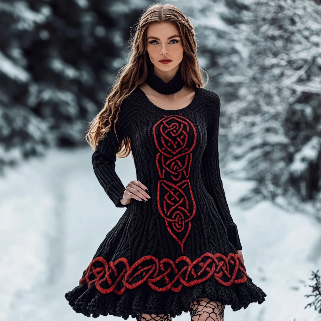Women's Viking Celtic Knot Jacquard Knit Sweater Dress elevenforest