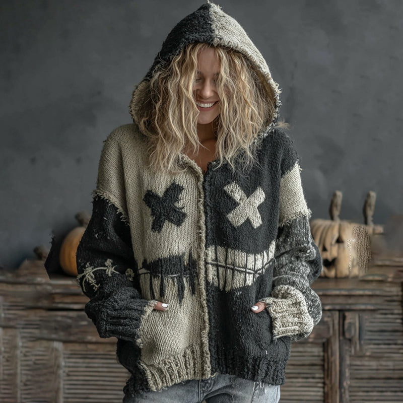 Halloween Spooky Face Patchwork Art Cozy Knit Hooded Cardigan artswardrobe