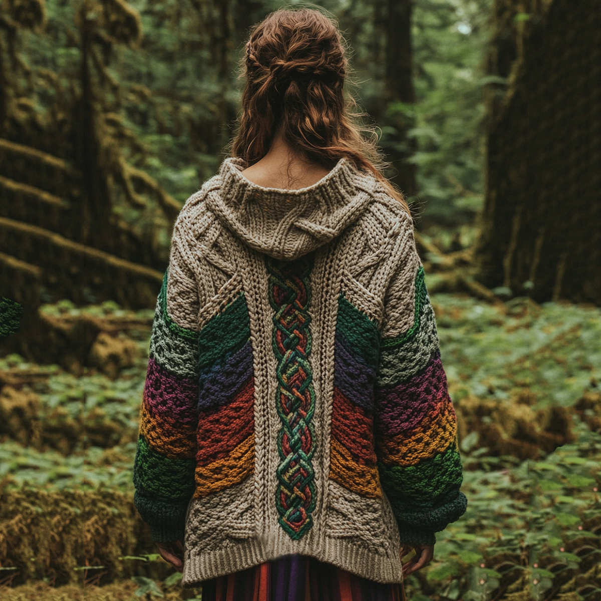 Women's Celtic Knot Retro Rainbow Chunky Knit Hooded Cardigan elevenforest