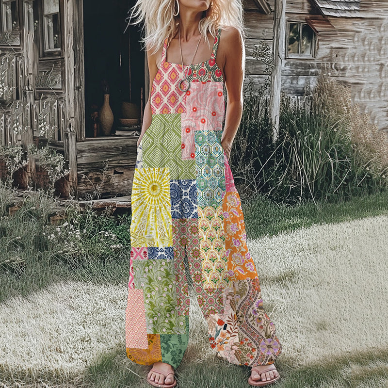 Women's Floral Patchwork Linen Print Cotton Linen Jumpsuit artswardrobe