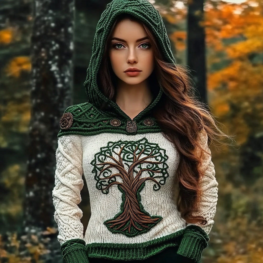 Irish Tree Of Life Contrasting Color Cozy Knit Hooded Sweater artswardrobe