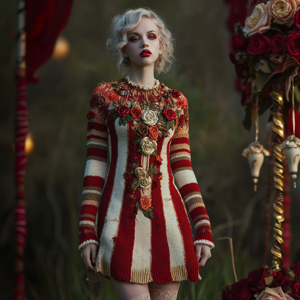 Vintage Circus Inspired Roses Embroidered Striped Sweater Dress artswardrobe