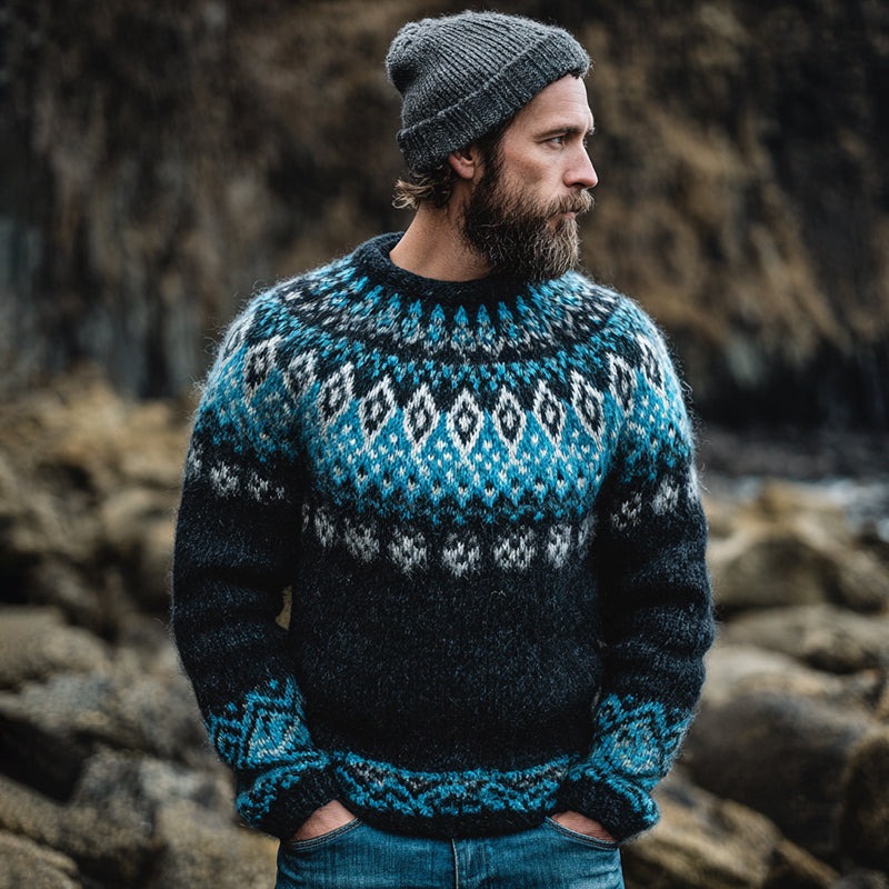 Vintage Norwegian Knit Fair Isle Jacquard Crew Neck Sweater elevenforest