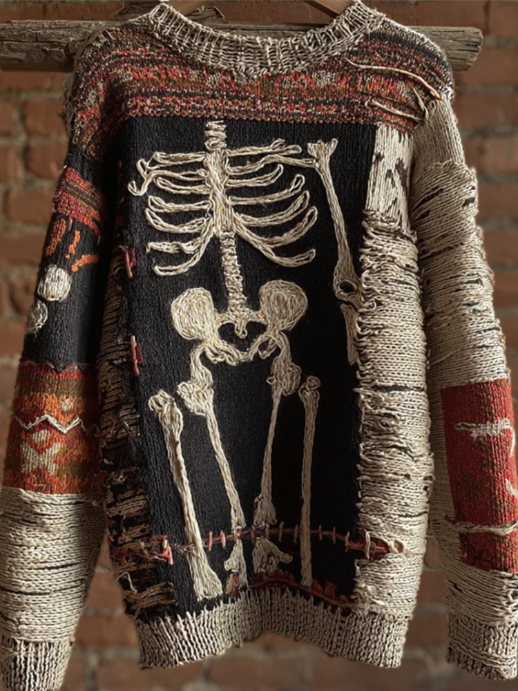Halloween Skeleton Man Pattern Knit Round Neck Sweater artswardrobe
