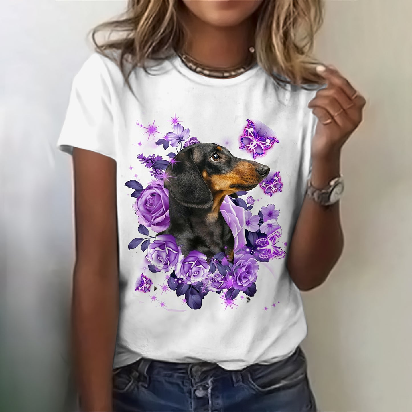 Comstylish Women's Retro Cute Dachshund And Floral Art Print Casual T-shirt