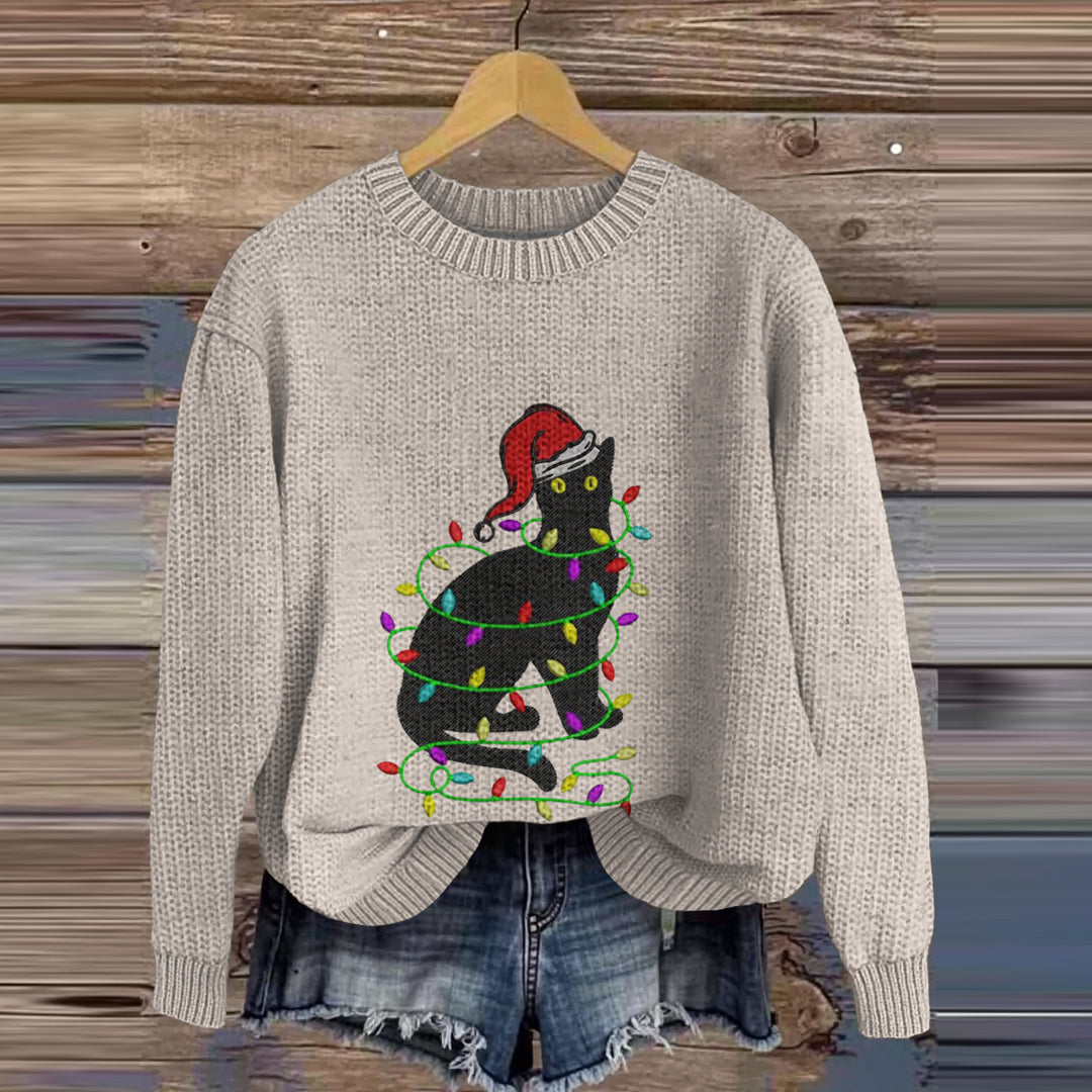 Christmas Lights Black Cat Embroidery Pattern Knitted Sweater elevenforest