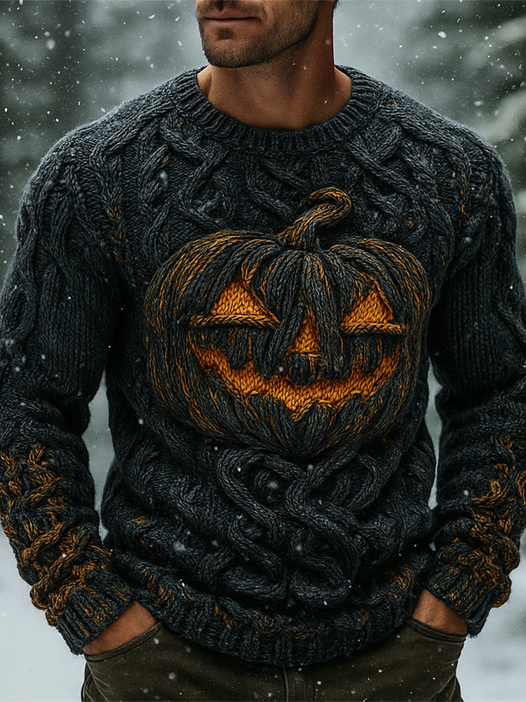 Halloween Pumpkin Emoji Men's Chunky Knit Crewneck Sweater elevenforest
