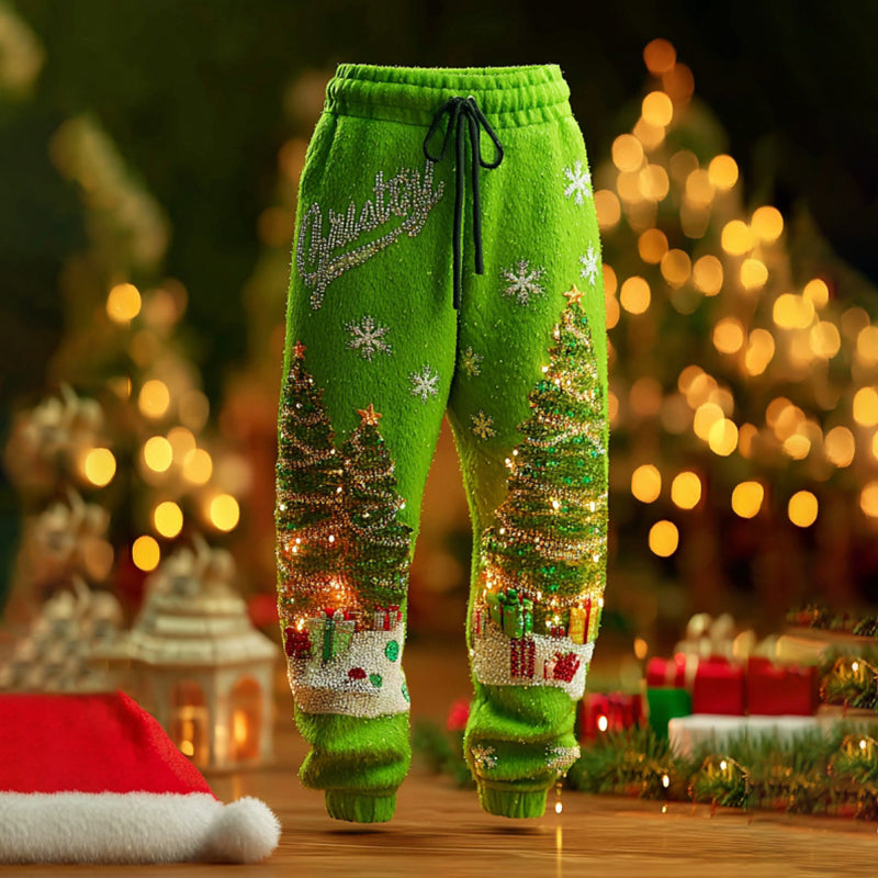 Comstylish Women's Christmas Decorations Pattern Plush Warm Sports Pants