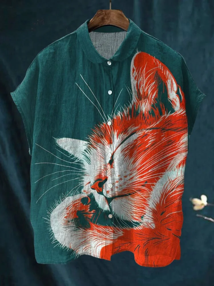 Women's Cute Sleeping Cat Art Print Casual Cotton Linen Shirt