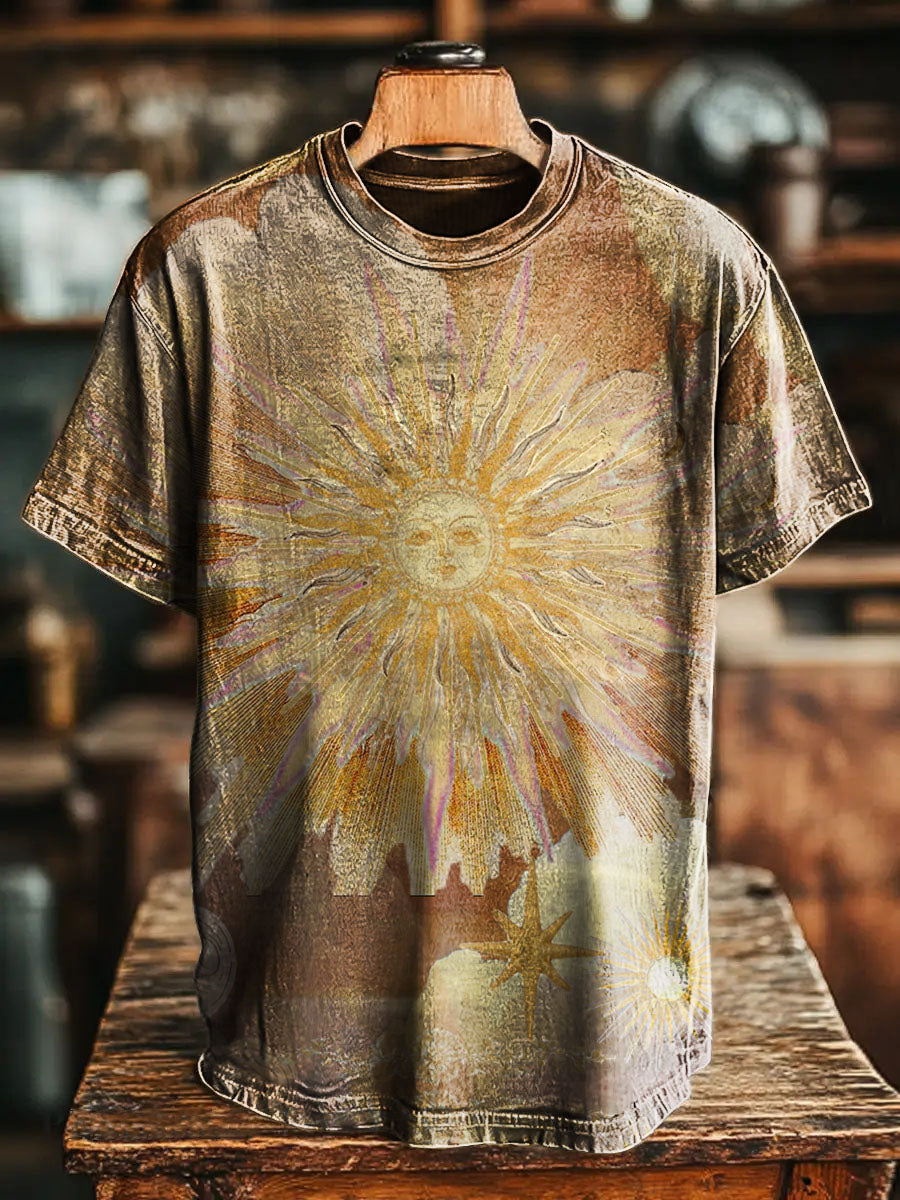 Retro Abstract Weathered look Sun Vintage Art Print Casual T-shirt For