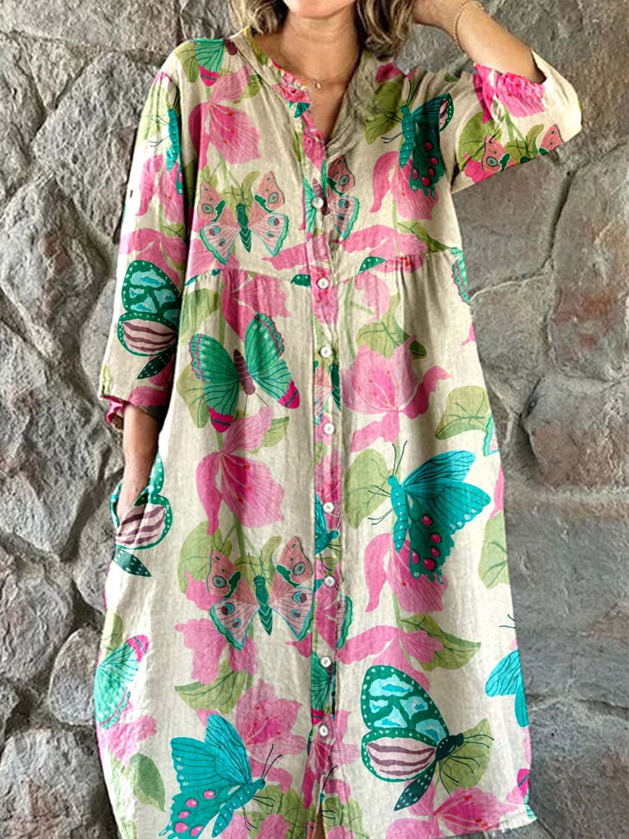 Women's Elegant Vintage Floral Print Shirt Style Cotton and Linen Dres