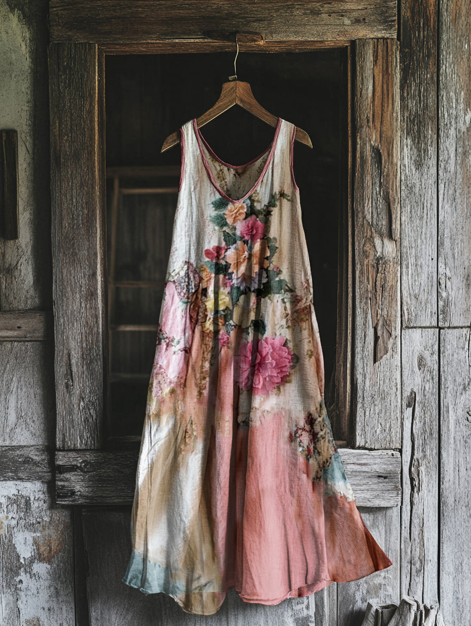 Women's Vintage Floral Patchwork Cotton And Linen Dress artswardrobe
