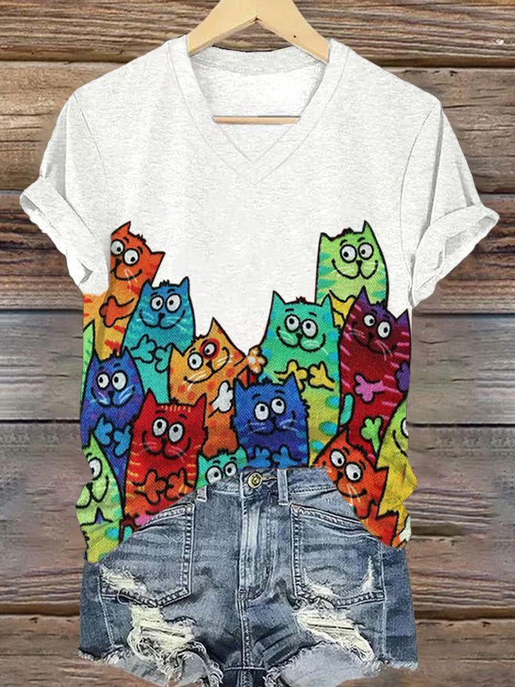 Comstylish V-neck Retro Pride Parade Cats Print T-shirt