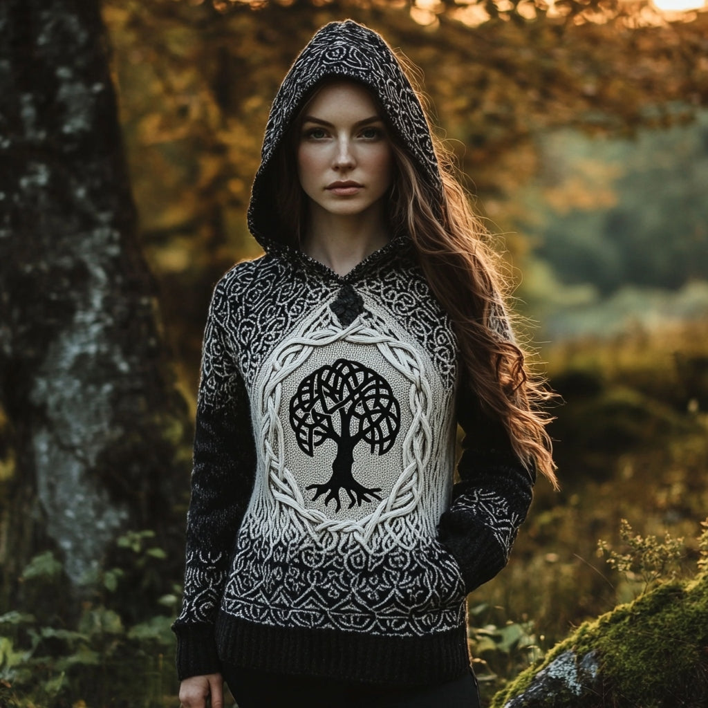 Women's Viking Celtic Tree Of Life Totem Jacquard Hooded Sweater elevenforest