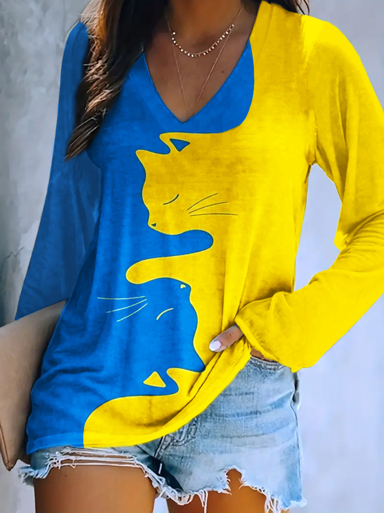 Ukraine Yellow Blue Cat Print Women's Long Sleeve T-shirt